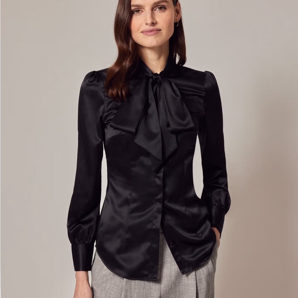 Hawk & Curtis Fitted Black Luxury Satin Blouse Bow